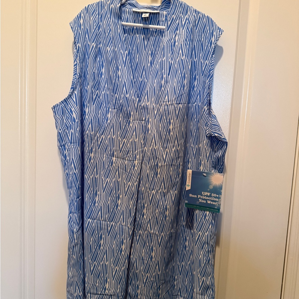 Coolibar Blue and White Blouse UPF 50+ Sun Protection